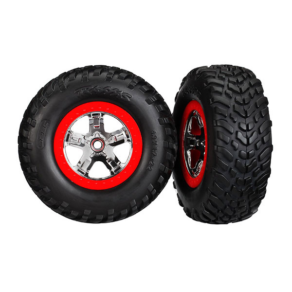 Traxxas Pneus + jantes chrome red beadlock (2) (4wd f / r, 2wd ar) (TSM) 5887 – Image 1