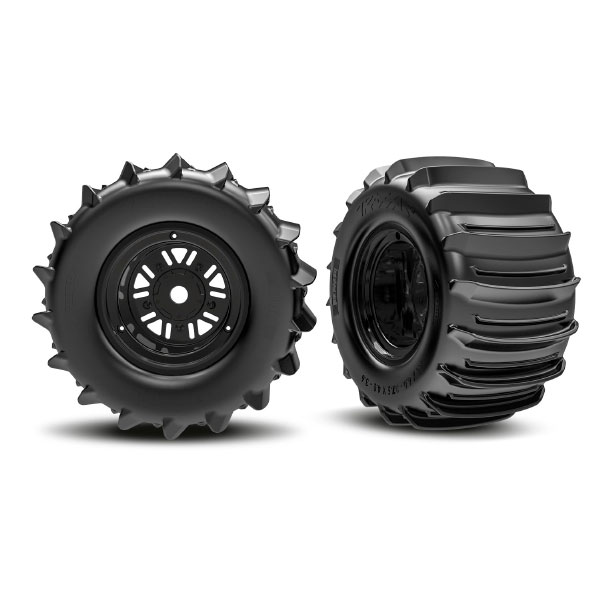 Traxxas Roues montées collées ceinturees noires pneus pelle (2) – Funco 10973