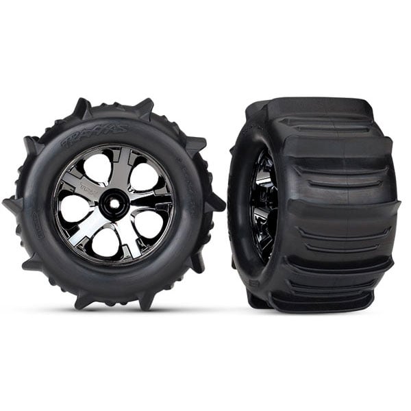 Traxxas Roues montées collées chromées noires pneus pelle (2) 4175