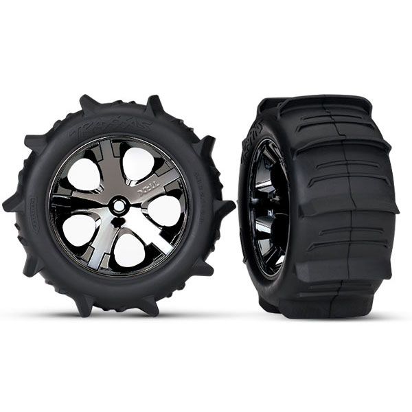 Traxxas Roues montées collées chromées noires pneus pelle arrière (2) 3776